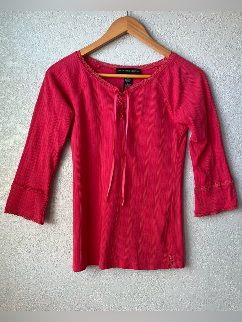Josephine Chaus Pink Lace Up Top Small Ribbed Cotton Boho Feminine Chic